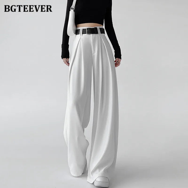 High waist wide-leg solid long trousers with pockets