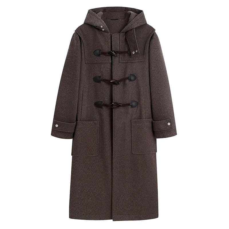 Korean-style Woolen Trench Men Horn Button Casual Long Windbreaker Winter Hooded Jacket Coats Fashion Trenchcoat