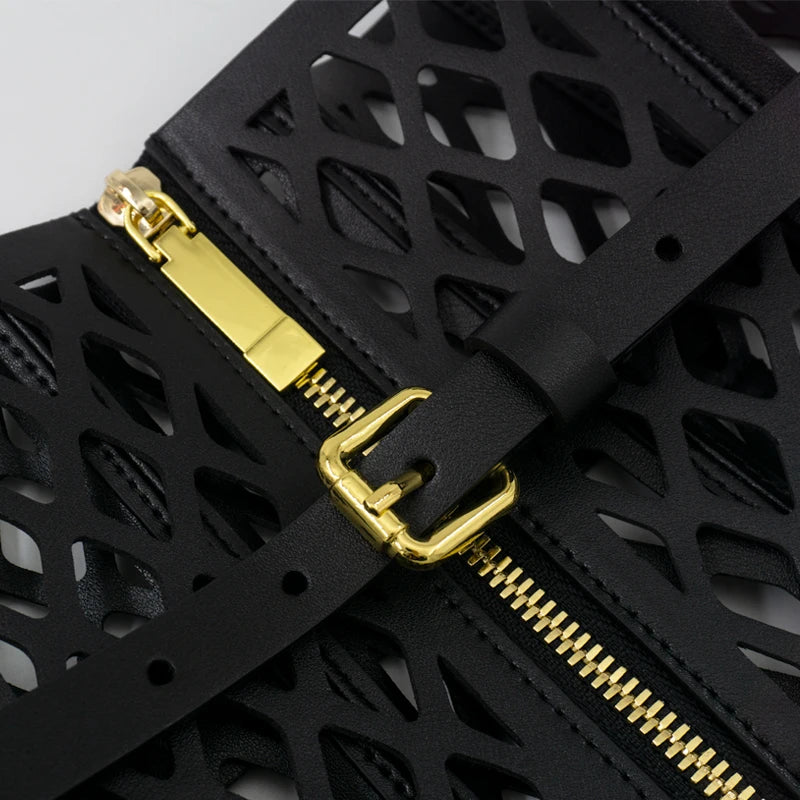 Openwork mesh wide waist belt in curved leather for women