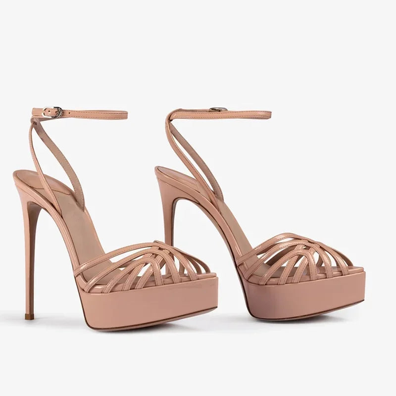 Pointed toe platform sandal with narrow band and thin heel