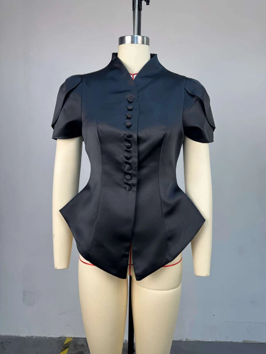 TWOTWINSTYLE Fashionable Irregular Hem Shirt for Women V Neck Lantern Sleeves Spliced Single Breasted Slimming Shirts Female New