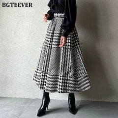 A-line plaid woolen skirt with pockets and high waist