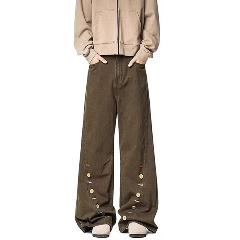 New Men's Retro Button-Design Brown Baggy Jeans Casual Straight Curved Denim Pants 2026 Spring High Street Y2K Jean