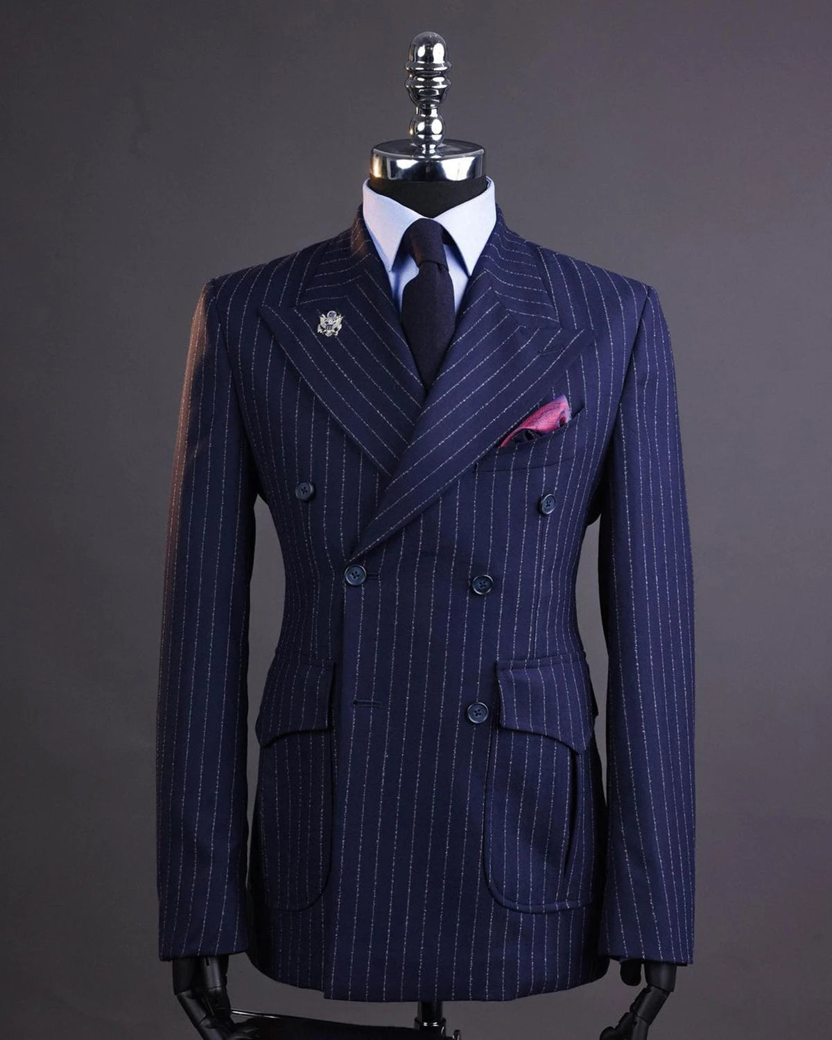 Navy Men's Suits Tailored 2 Pieces Blazer Pants Peaked Lapel Double Breasted Pinstripes New Wedding Groom Custom Made Plus Size