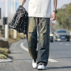 Autumn Men's Hip Hop Fashion Pleated Jeans High Street Straight-Leg Baggy Denim Trousers 2026 New Casual Drawstring Y2K jean