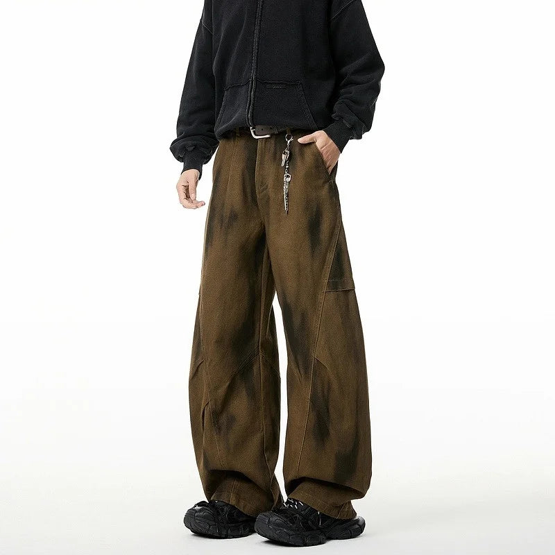 2025 New Men's Pleated Distressed Retro Straight Jean High Street Fashion Baggy Cargo Denim Pants Y2K Vintage Youth jeans homme
