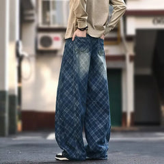 2026 New Men's American Retro Washed Plaid Baggy Jeans Hip Hop Fashion Curved Denim Pants Y2K Streetwear Straight-Leg Jean