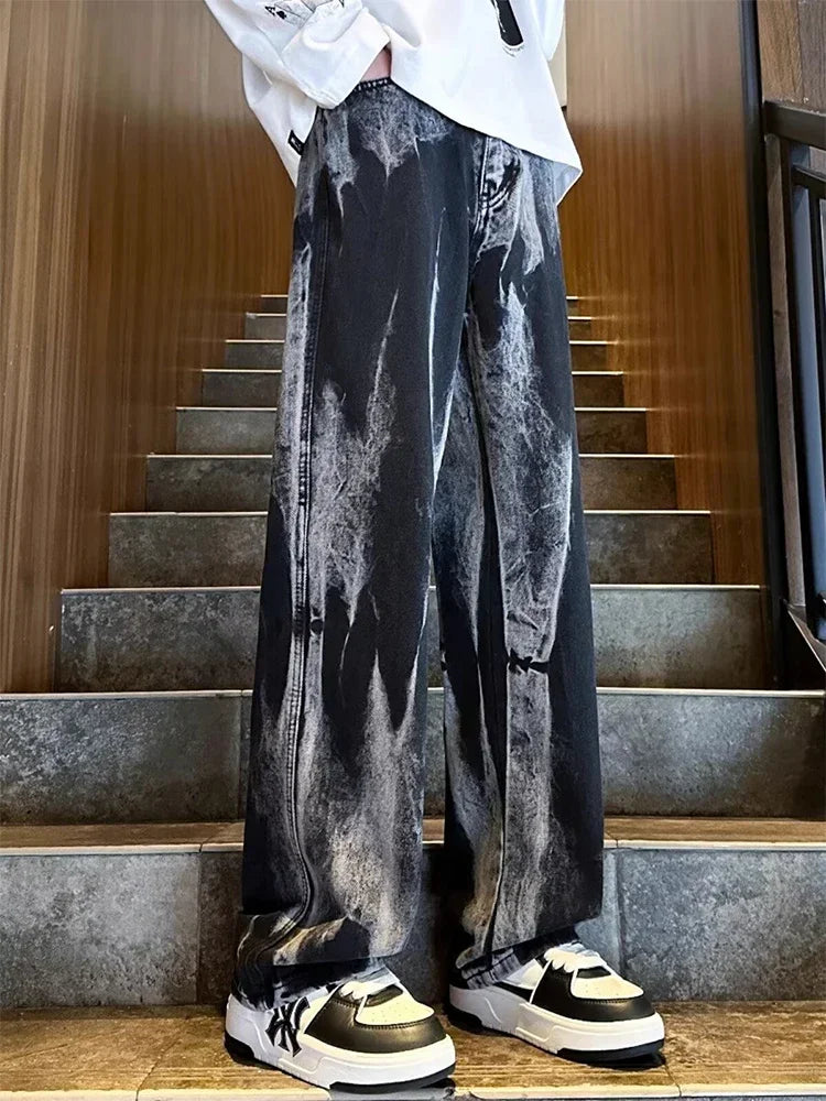 Spring Men's Goth Black Tie-dye Jeans Hip Hop Fashion Gradient Wide-leg Denim Pants 2025 New Y2K Vintage Baggy Jean Hombre
