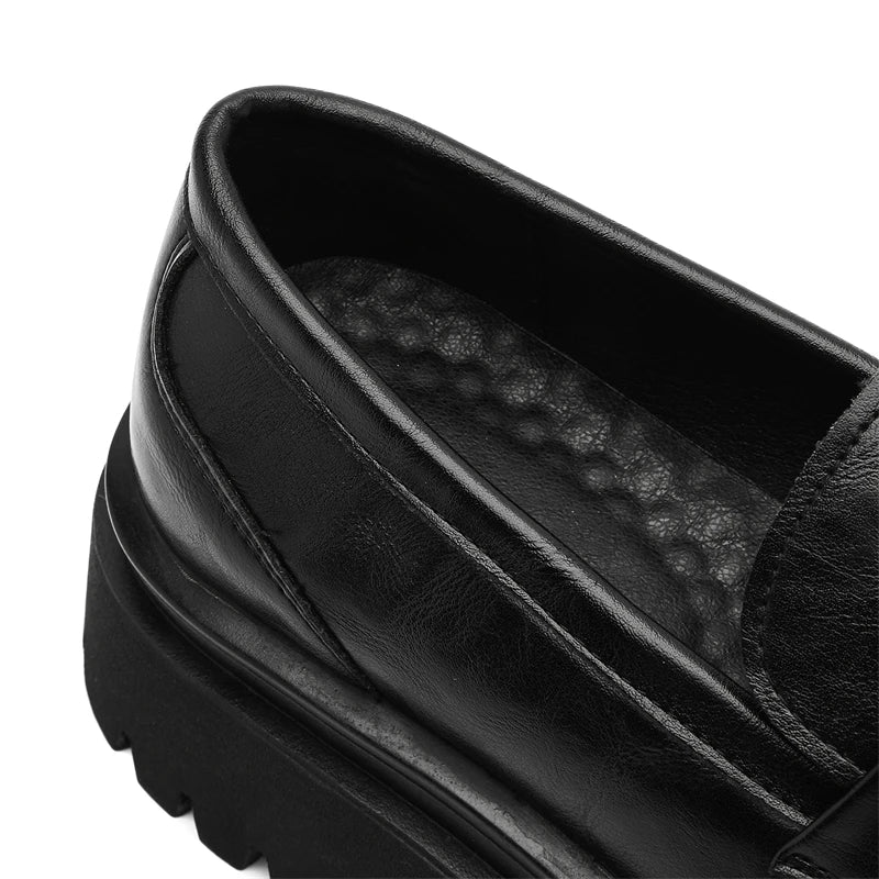 Men's Black Leather Loafers Metal Buckle Decor Chunky Lug Sole Sleek Upper Comfortable Cushioned Insole Stylish Casual Footwear