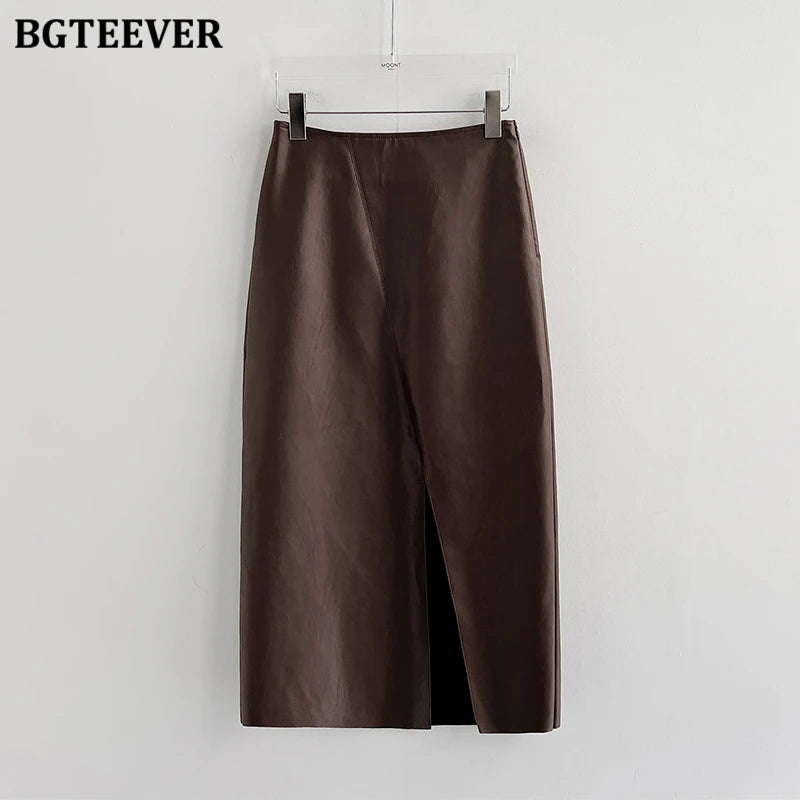 Mid-length package hip skirt in split PU leather