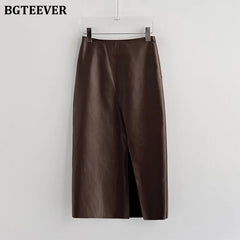 Mid-length package hip skirt in split PU leather