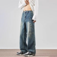 Spring Men's Vintage Multi-Pocket Cargo Jeans Y2K Vintage Distressed Baggy Denim Pants 2025 High Street Straight Wide Leg Jean