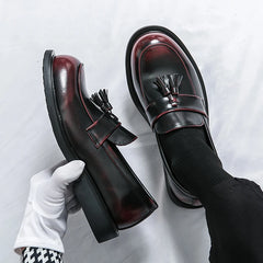 Men's British-Style Black Red Leather Loafers, Tassel Detail 5CM Height Increasing Shoes for Office/Daily Wear