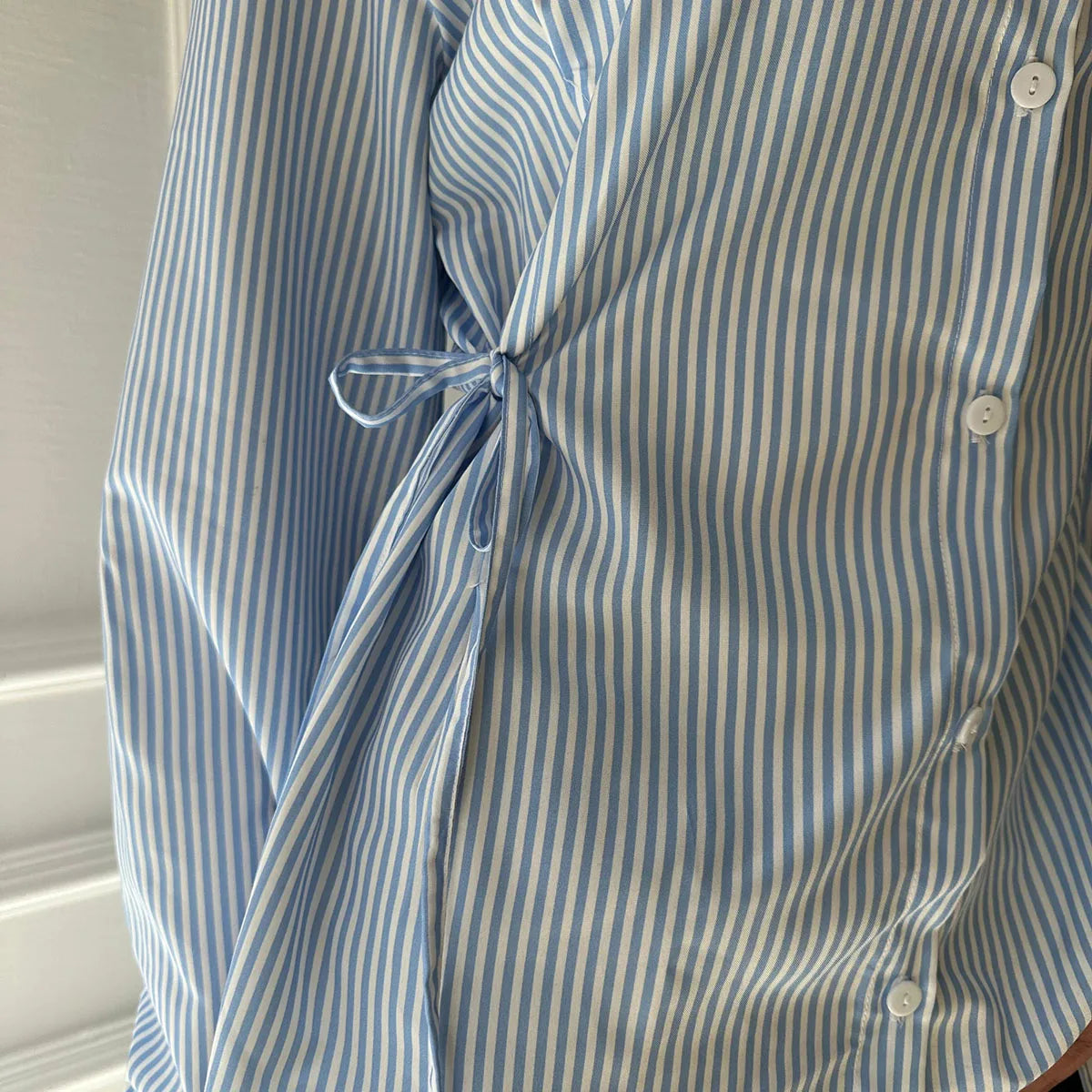 BJTZ 2026 Spring Autumn Women Striped Waist Tie Shirt Elegant Office Work Wear Casual Slim Tops