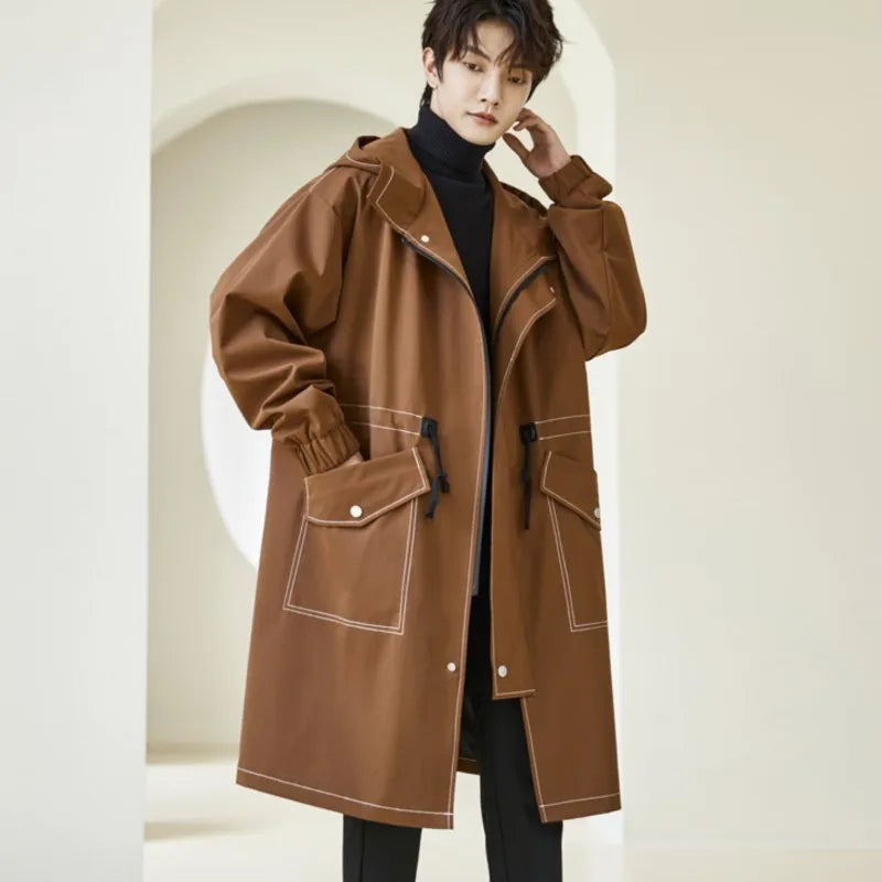 Korean Style Cotton-lined Windbreaker Men New Fashion Solid Color Trench Coat Autumn Winter Men's Casual Loose Thick Warm Coat