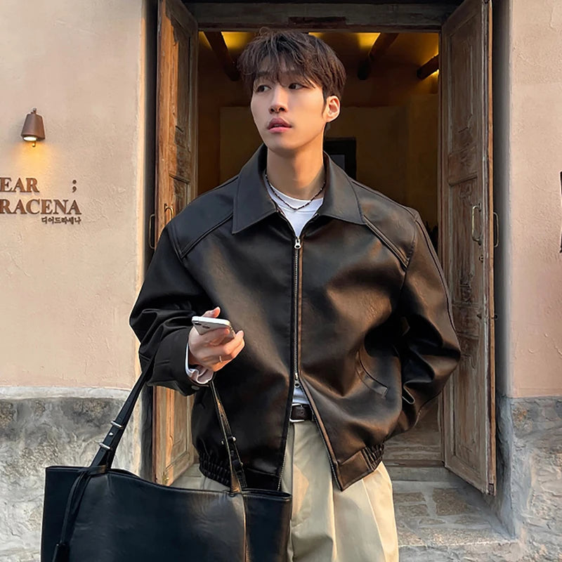 IEFB High Street Men's PU Leather Coats Turn-down Collar Double-ended Zipper Design Silhouette Solid Color Male Jackets 9X649