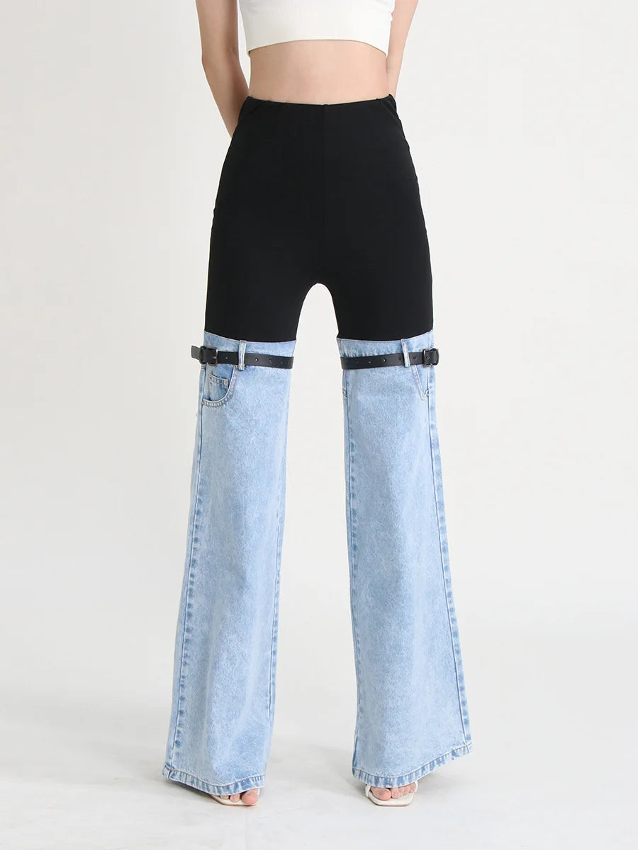 High waist flare jeans in denim patchwork