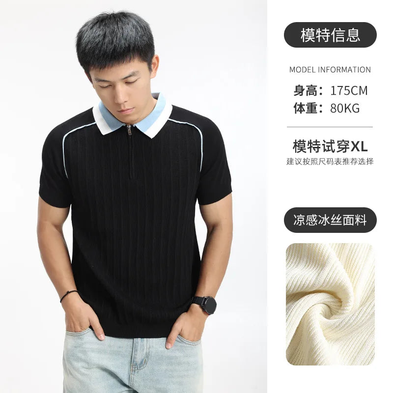 Summer Knitted T Shirts Men Vintage Fashion Business Casual Short Sleeve T-shirt Cool Breathable Sweater Polo Shirt Tops