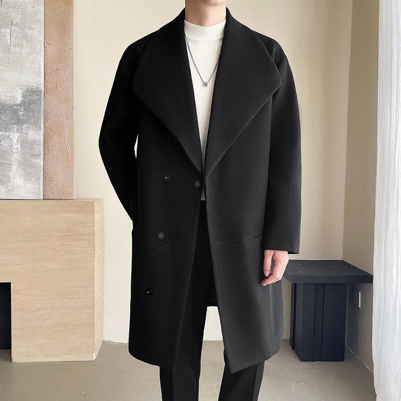 Trench men 2025 New Men Overcoat Windproof Warm Single Breasted Mid Length Two Button Overcoat Collar Wool Fabric Winter Coat