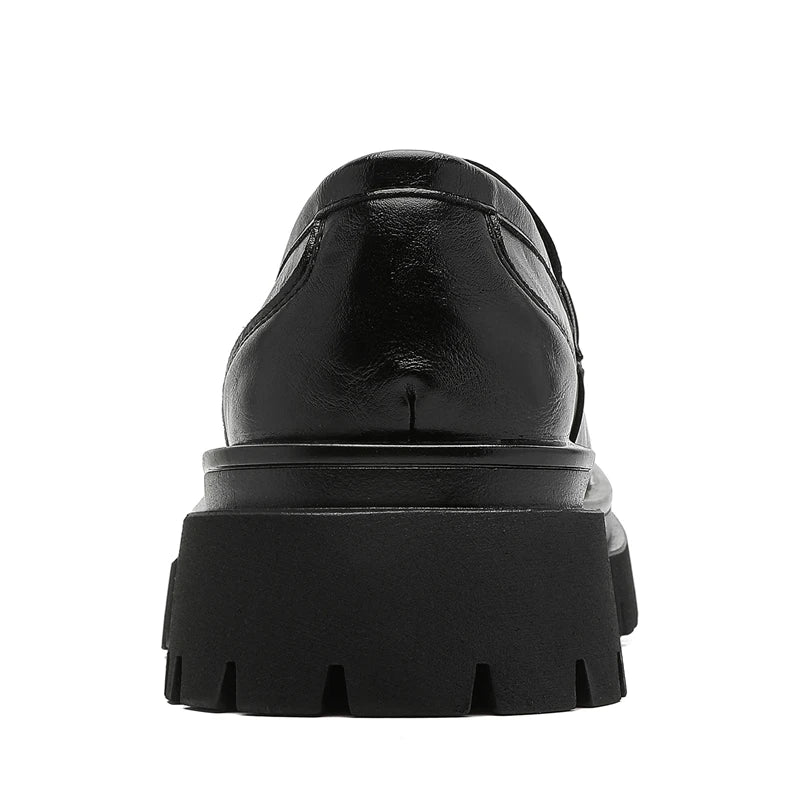 Men's Black Leather Loafers Metal Buckle Decor Chunky Lug Sole Sleek Upper Comfortable Cushioned Insole Stylish Casual Footwear