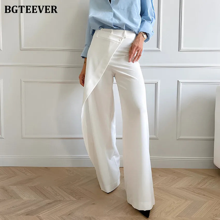 High waist straight patchwork long trousers in white
