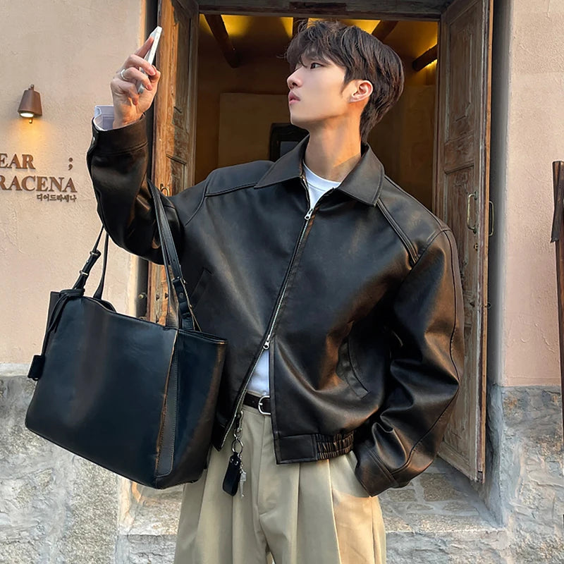 IEFB High Street Men's PU Leather Coats Turn-down Collar Double-ended Zipper Design Silhouette Solid Color Male Jackets 9X649