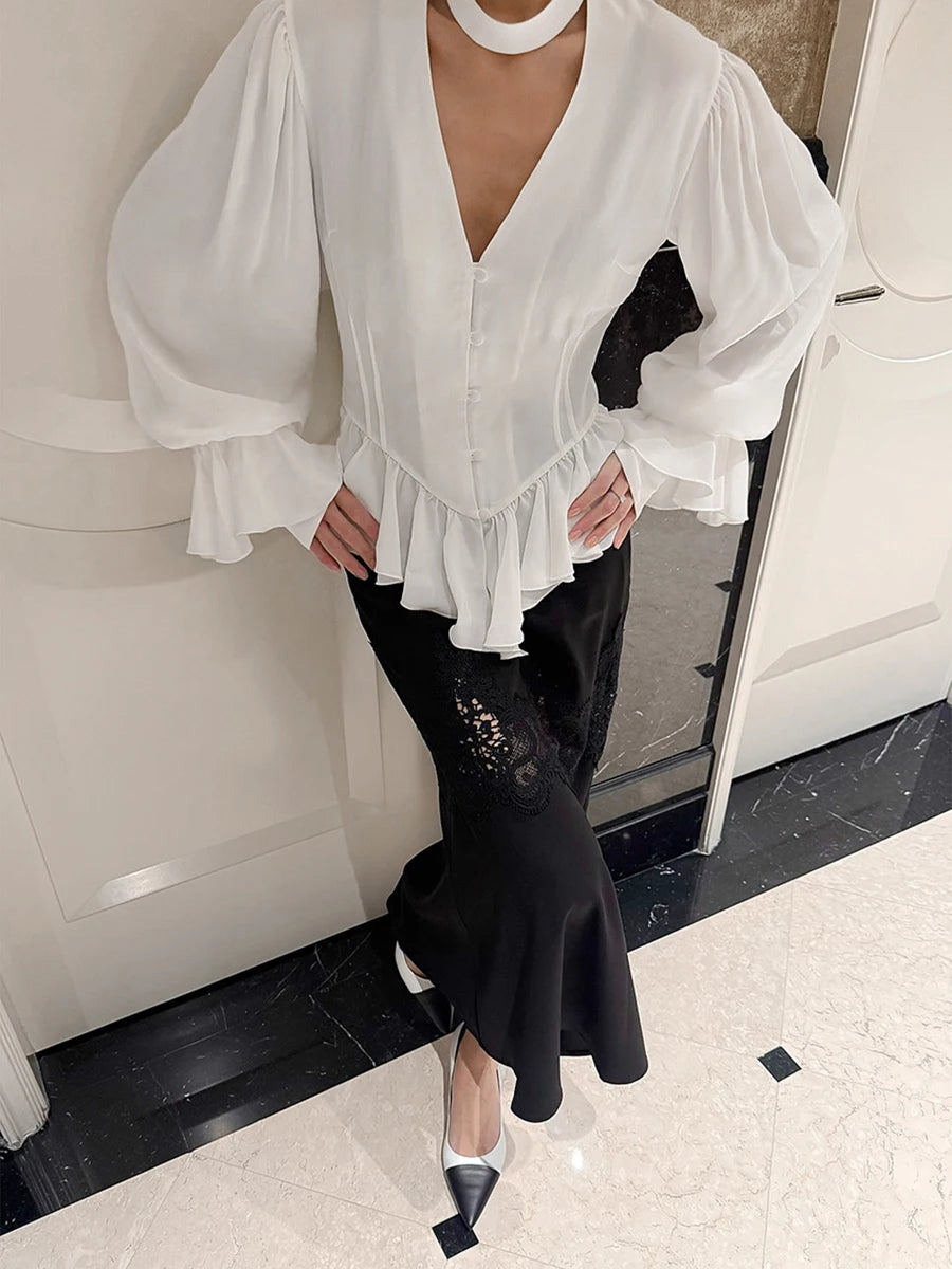 TWOTWINSTYLE White Loose Spliced Folds Chic Shirt for Women V Neck Long Sleeve Elegant French Shirts Female Summer Fashion New