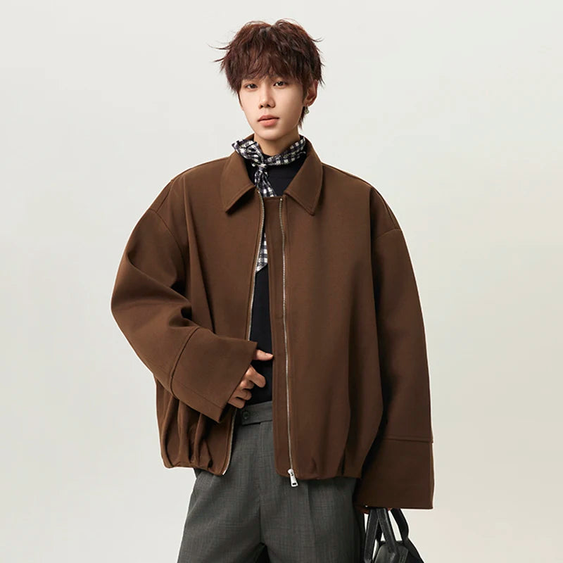 IEFB Back Pleated Design Men's Jackets Woolen Lapel Solid Color Curved Knife Sleeve Korean Style Zipper Male Coats Simple 9X1617