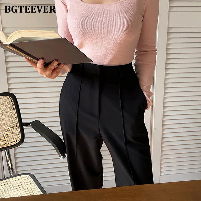 High waist straight suit pants with pockets for office wear