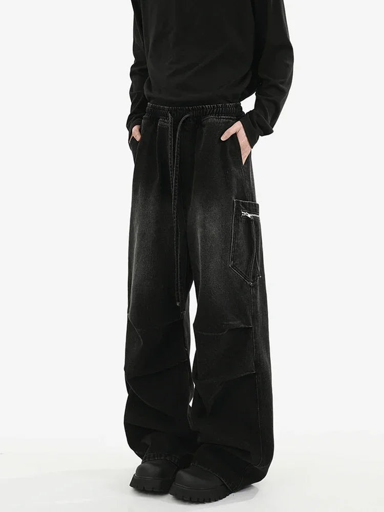 Autumn High Street Pleated Cargo Jeans For Men Pocket Straight Wide-leg Denim Pantalones Hombre Hip Hop Fashion Y2K Baggy Jean