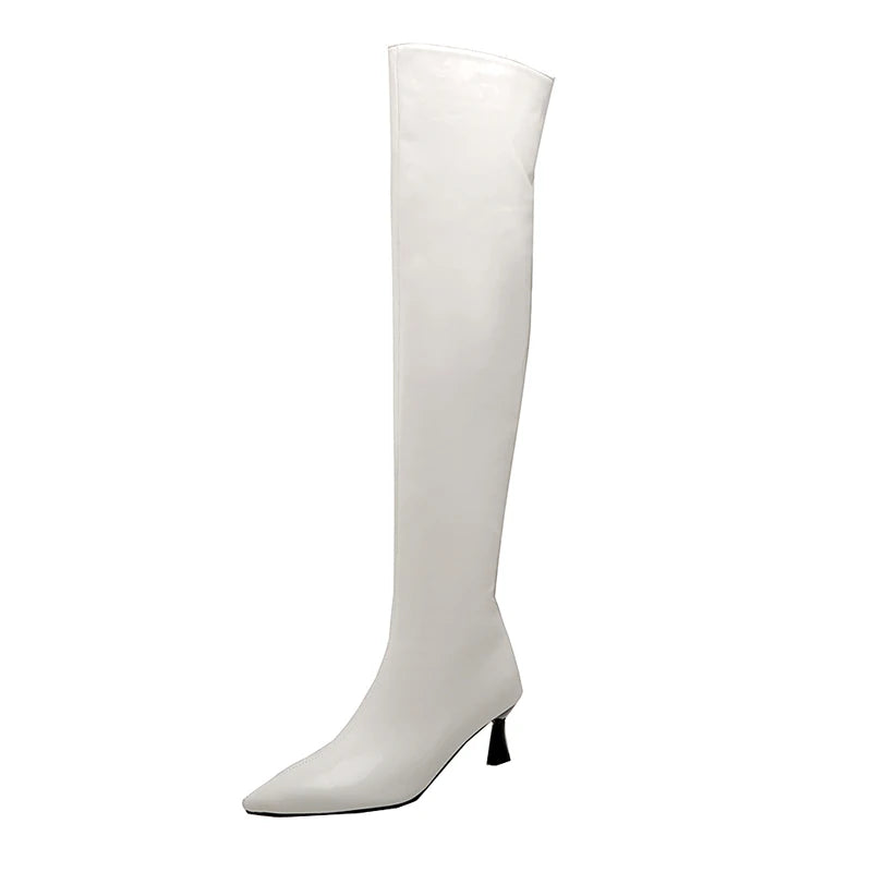 Pointed toe over-the-knee boot with kitten heel in glossy patent leather
