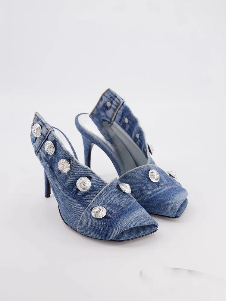 Square toe fishmouth denim button slipper with super high heel