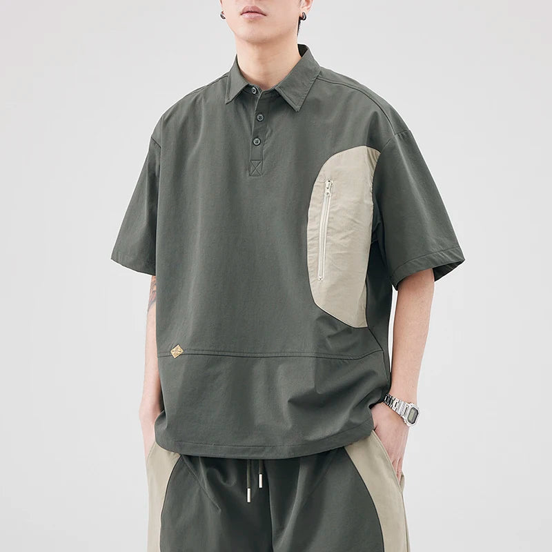 Summer Outdoor Stretch Fabric Quick Dry Polo Shirt Men Streetwear Fashion Casual Loose Short Sleeve Cargo T-shirt Hiking Tshirt