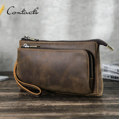 CONTACT'S Genuine Leather Men Clutch Bag Design Handbag Long Wallet Male Purse Travel Charge Storage Bag Cable Organizer