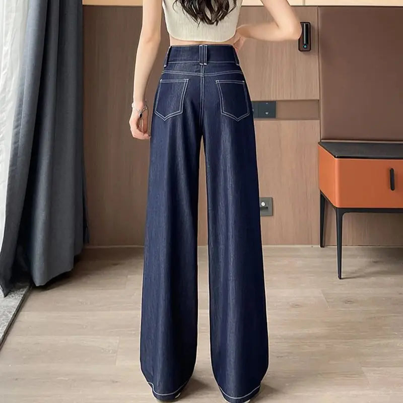 High waist wide-leg straight jeans in ice silk denim
