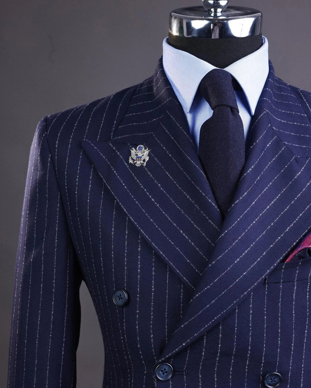 Navy Men's Suits Tailored 2 Pieces Blazer Pants Peaked Lapel Double Breasted Pinstripes New Wedding Groom Custom Made Plus Size