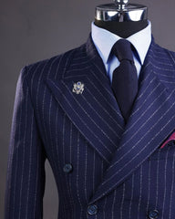 Navy Men's Suits Tailored 2 Pieces Blazer Pants Peaked Lapel Double Breasted Pinstripes New Wedding Groom Custom Made Plus Size