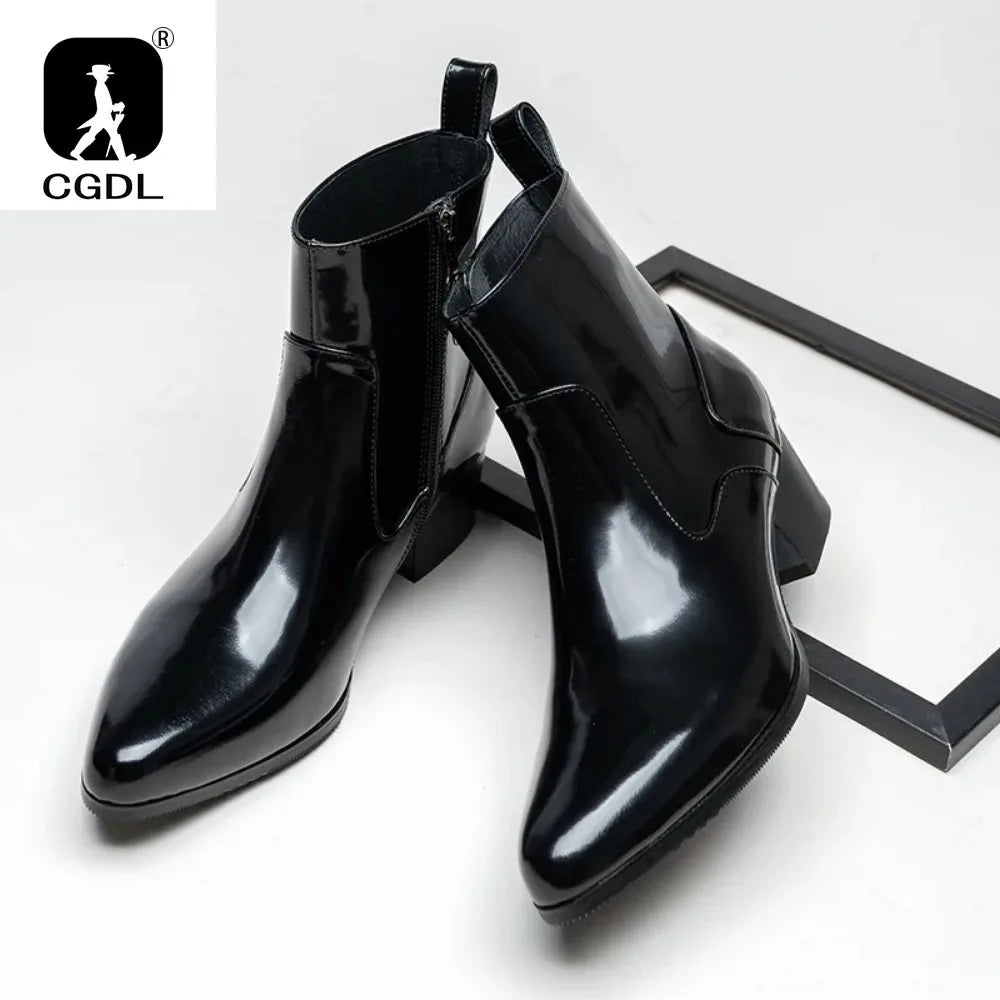 Patent Leather Mens Platform Boots with Heels Luxury Real Cow Leather Winter Warm Shoes Increase Height 5 Cm Side Zip No Laces