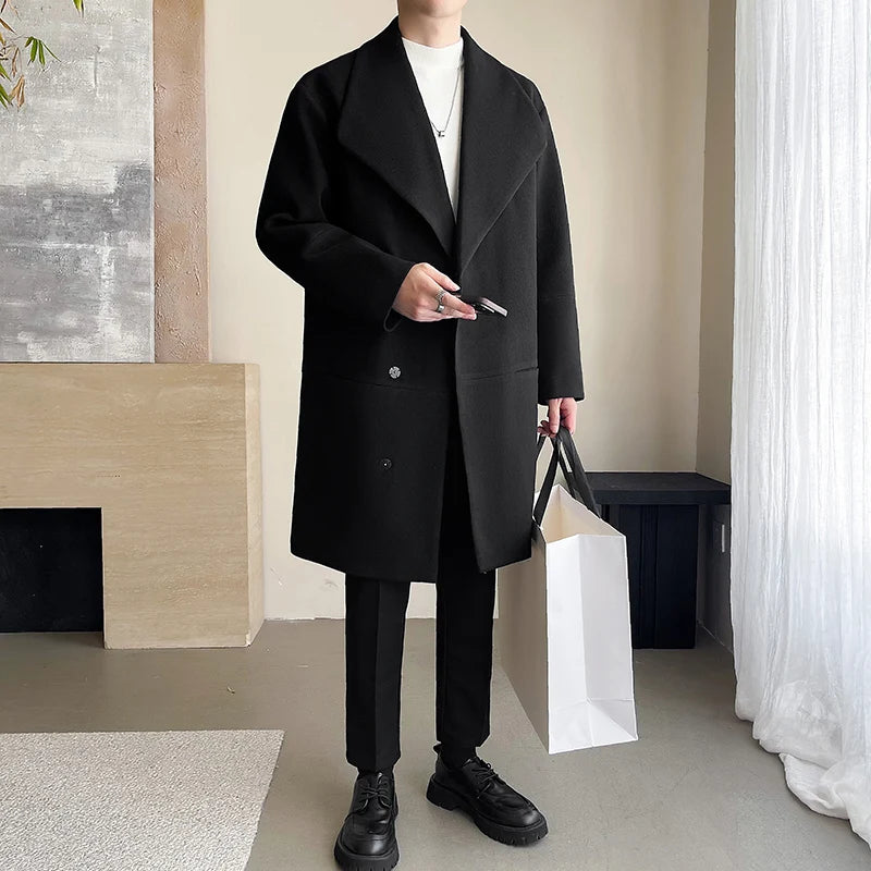 Trench men 2025 New Men Overcoat Windproof Warm Single Breasted Mid Length Two Button Overcoat Collar Wool Fabric Winter Coat