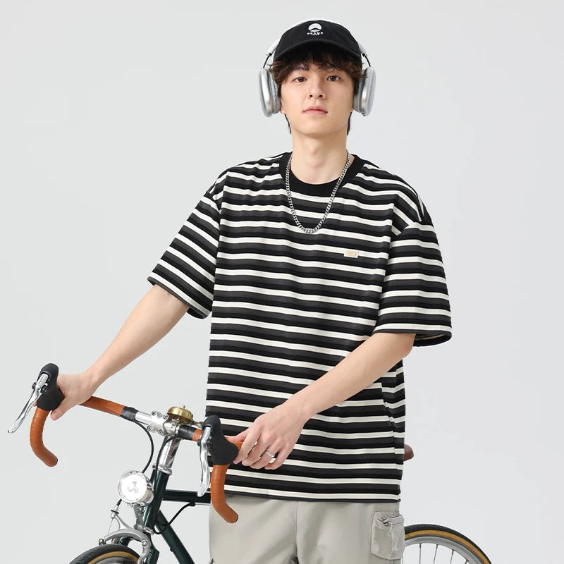 Men Summer Stripe Short Sleeve Tshirt Women Streetwear Fashion Loose Casual T Shirts Campus Boys Girls Unisex Hip Hop T-shirt