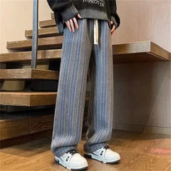 2026 New Men's Striped Woolen Straight Leg Trousers Classic Y2K Vintage Baggy Pants Casual High Street Fashion Gym Sweatpants