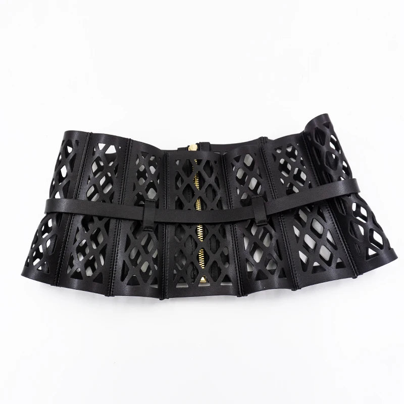 Openwork mesh wide waist belt in curved leather for women