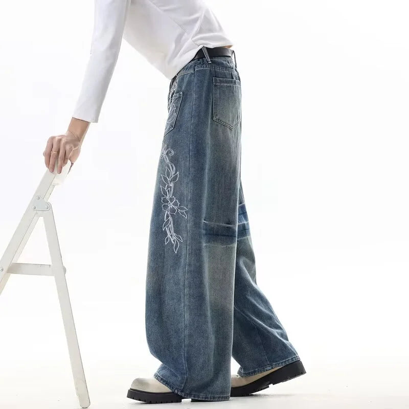 New Retro Floral Embroidered Curved Denim Pants For Man American Casual Streetwear Baggy Y2K Jeans Harajuku Letter Straight Jean