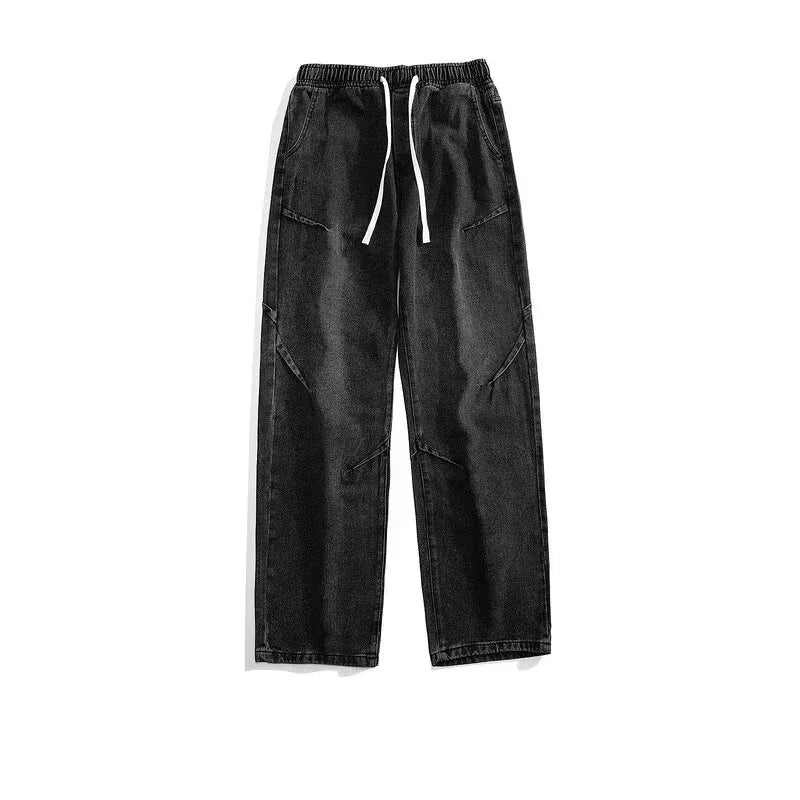 New Hip Hop Fashion Drawstring Jeans Men's Streetwear Vintage Wide Leg Straight Denim Trousers Y2K Baggy Pantalones Hombre