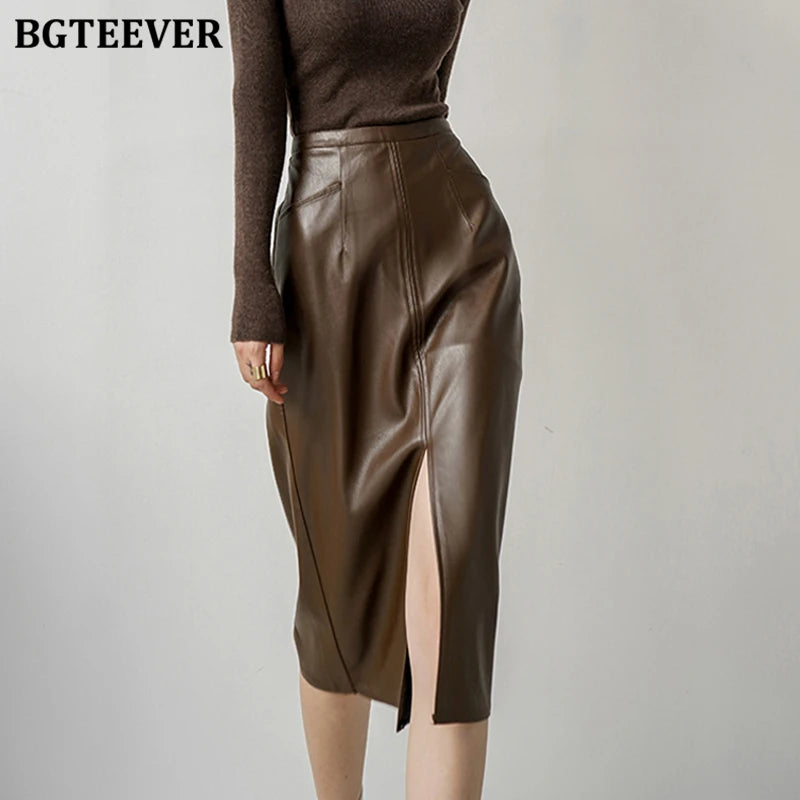 Midi package hip split skirt in PU leather with high waist