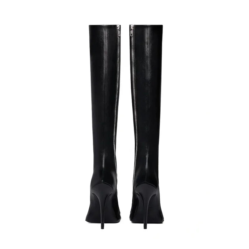Pointed toe knee-high skinny boot with thin heel and side zipper