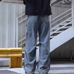 Autumn Men's Multi-pocket Straight-leg Cargo Jeans Y2K Vintage Pleated Design Baggy Jean 2025 High Street Fashion Denim Pants