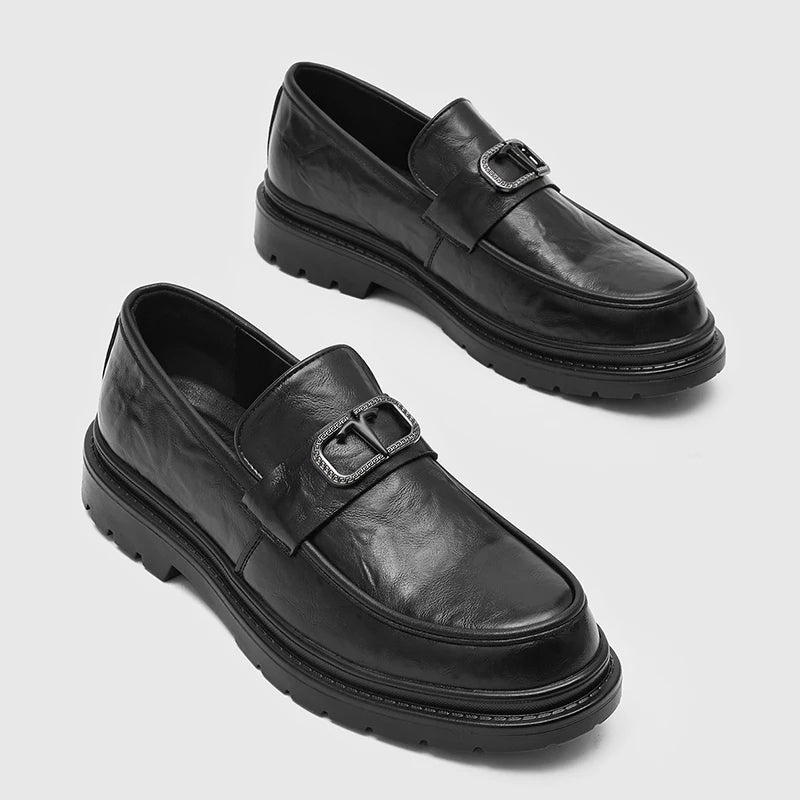 Men's Black Leather Loafers Niche Edgy Style Diamond Buckle Decor Chunky Sole Comfy Cushioned Insole Trendy Young Vibe Casual