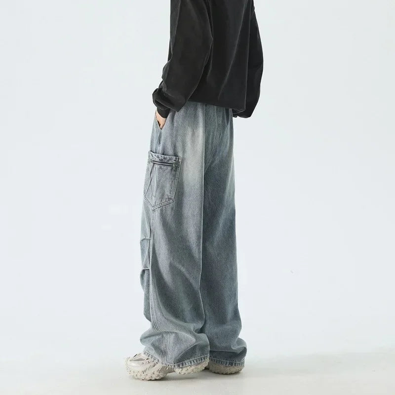 Autumn High Street Pleated Cargo Jeans For Men Pocket Straight Wide-leg Denim Pantalones Hombre Hip Hop Fashion Y2K Baggy Jean