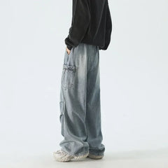 Autumn High Street Pleated Cargo Jeans For Men Pocket Straight Wide-leg Denim Pantalones Hombre Hip Hop Fashion Y2K Baggy Jean